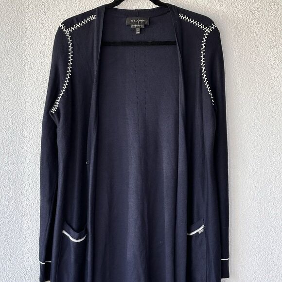 St John Navy Blue Handbeaded Long Cardigan Sweater Size M - Picture 13 of 13